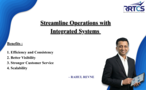 Business professional analyzing integrated ERP and CRM systems to streamline operations, improve reporting, manage inventory, sales, finance, and customer service through connected business processes.