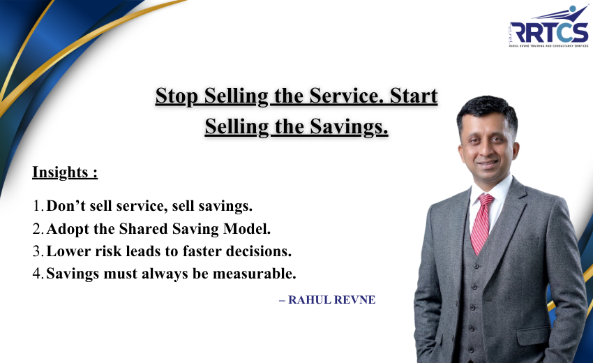 Article graphic explaining the Shared Saving Model, showing why businesses should focus on selling measurable outcomes and savings instead of just services or hours worked.