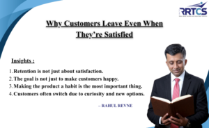 Illustration showing customer behavior and retention concept, highlighting why satisfied customers switch products due to habit, novelty, and emotional factors rather than dissatisfaction.