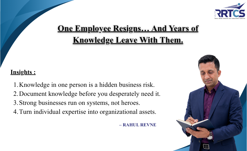 Business owner documenting employee knowledge into systems to reduce dependency and protect the business from knowledge loss when key employees leave.